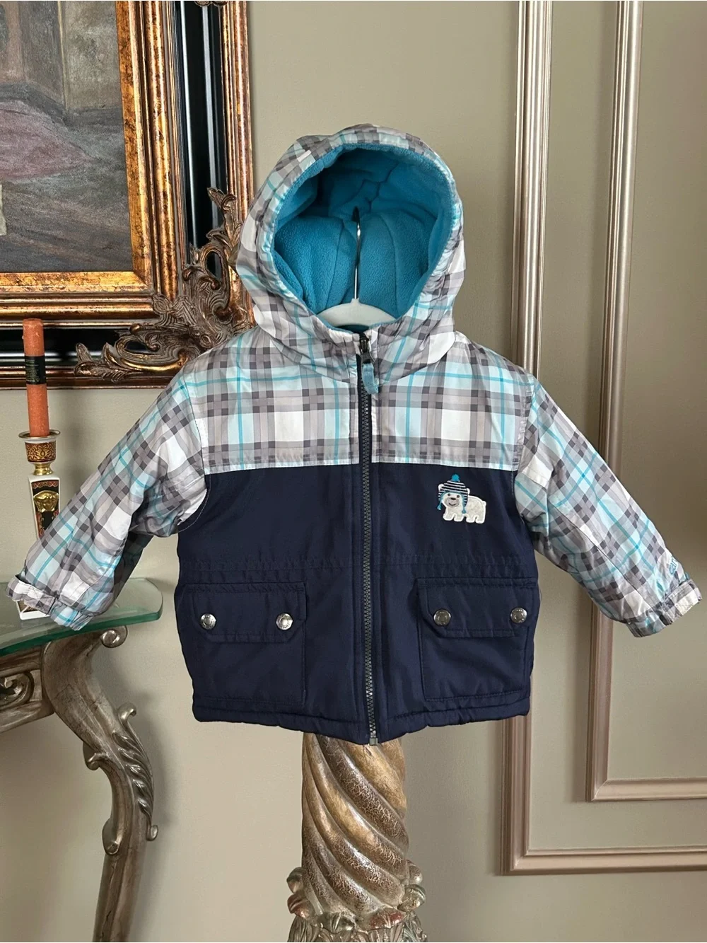 Carter’s Baby Polar Bear Winter Jacket Plaid Navy Fleece Lined Hooded 18M